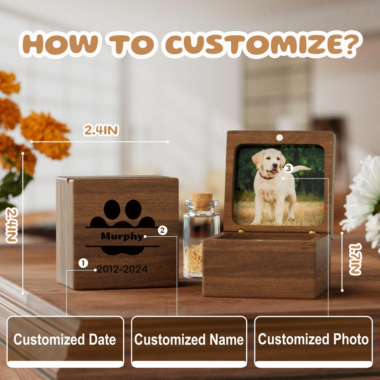 iDIY Personalized Dog Memorial Gifts, Pet Memorial Gifts for Dogs or Cats, Pet Hair Keepsake Box, Wooden Pet Fur Ashes Memorial Box, Pet Loss Sympathy Gift for Dogs Cats iDIY