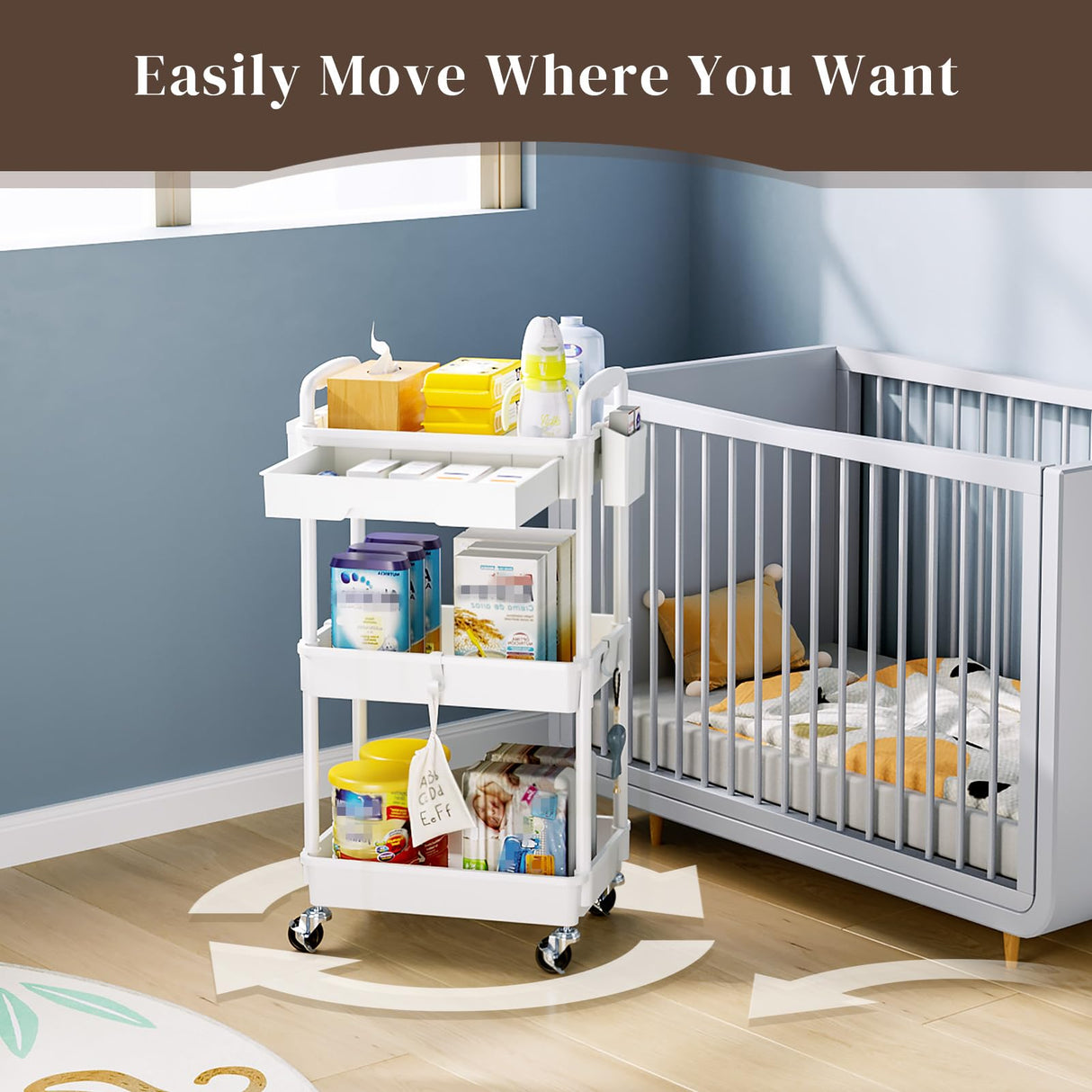 EaseSky Rolling Utility Cart with Drawer 3 Tier, Utility Storage Organizer with Plastic Shelf & Lockable Wheels Multifunctional Storage Cart for Kitchen, Bathroom, Office, Living Room, White EaseSky