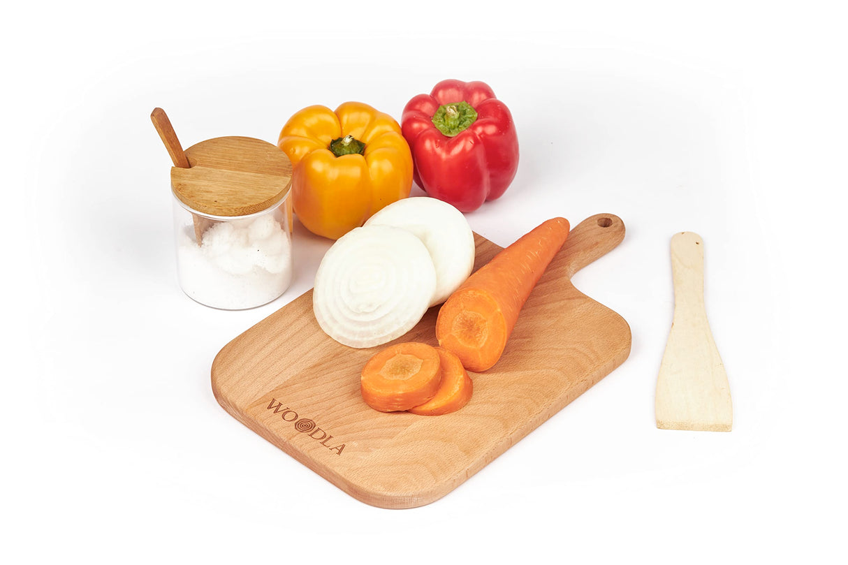 Woodla 13x7.5 Inch Thin Wood Cutting Board with Handle - Kitchen Serving & Charcuterie Board for Meat, Cheese, Fruits, Vegetables - Personal WOODLA