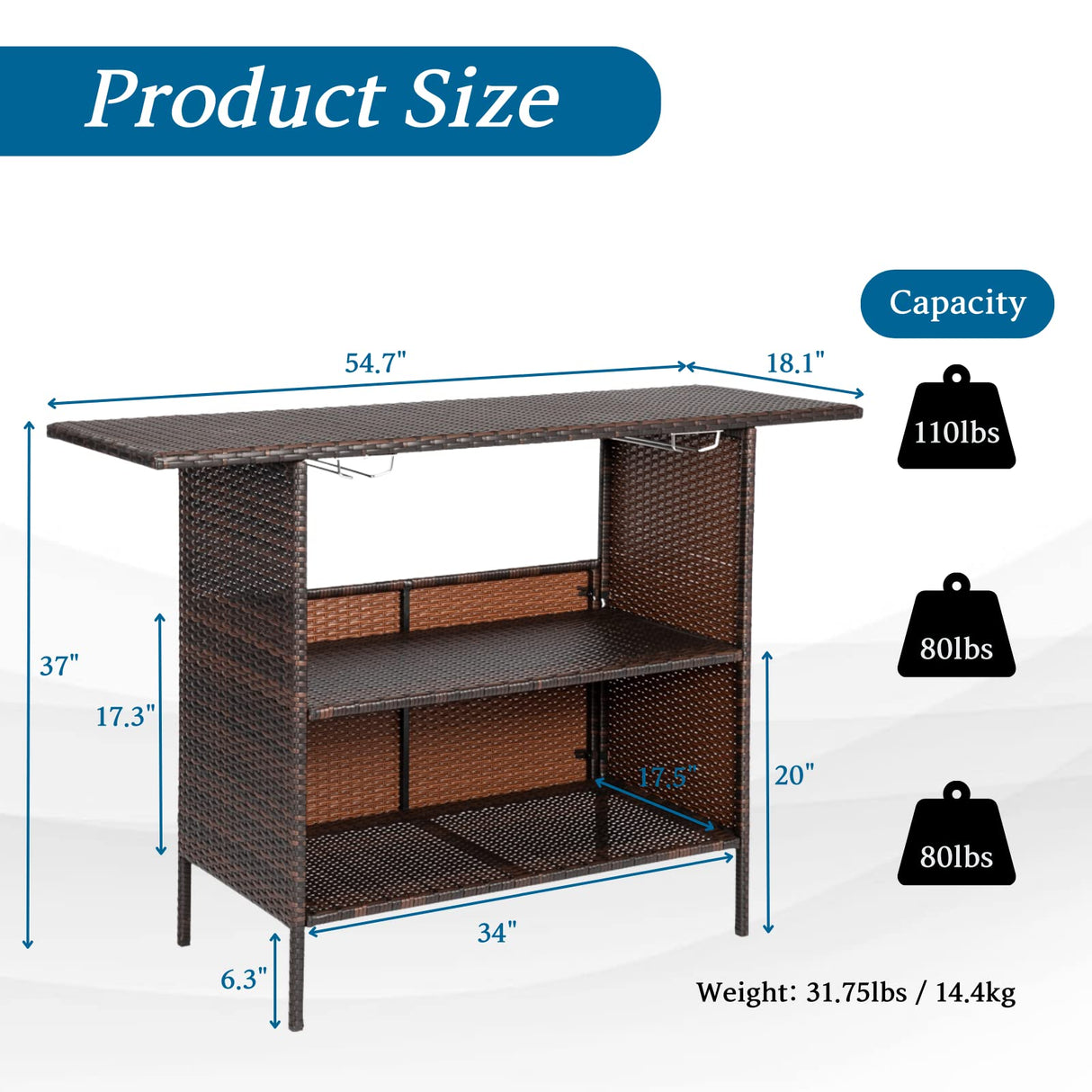 Outvita Patio Rattan Bar Table, Wicker Counter bar Table with 2 Layer Shelves and Wine Racks for Poolside, Backyard, Garden, Porches Brown Outvita