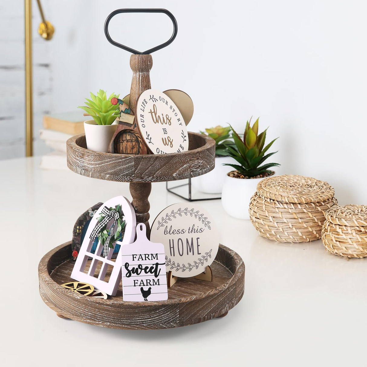 ASMPCUE 2 Tiered Tray Stand, Farmhouse Tiered Tray Stand with Metal Handle for Home Kitchen Decor, Wooden Rustic Two Tiered Serving Tray Coffee Table Tray for Holiday Decor, Tray ONLY(Rustic Wood) ASMPCUE