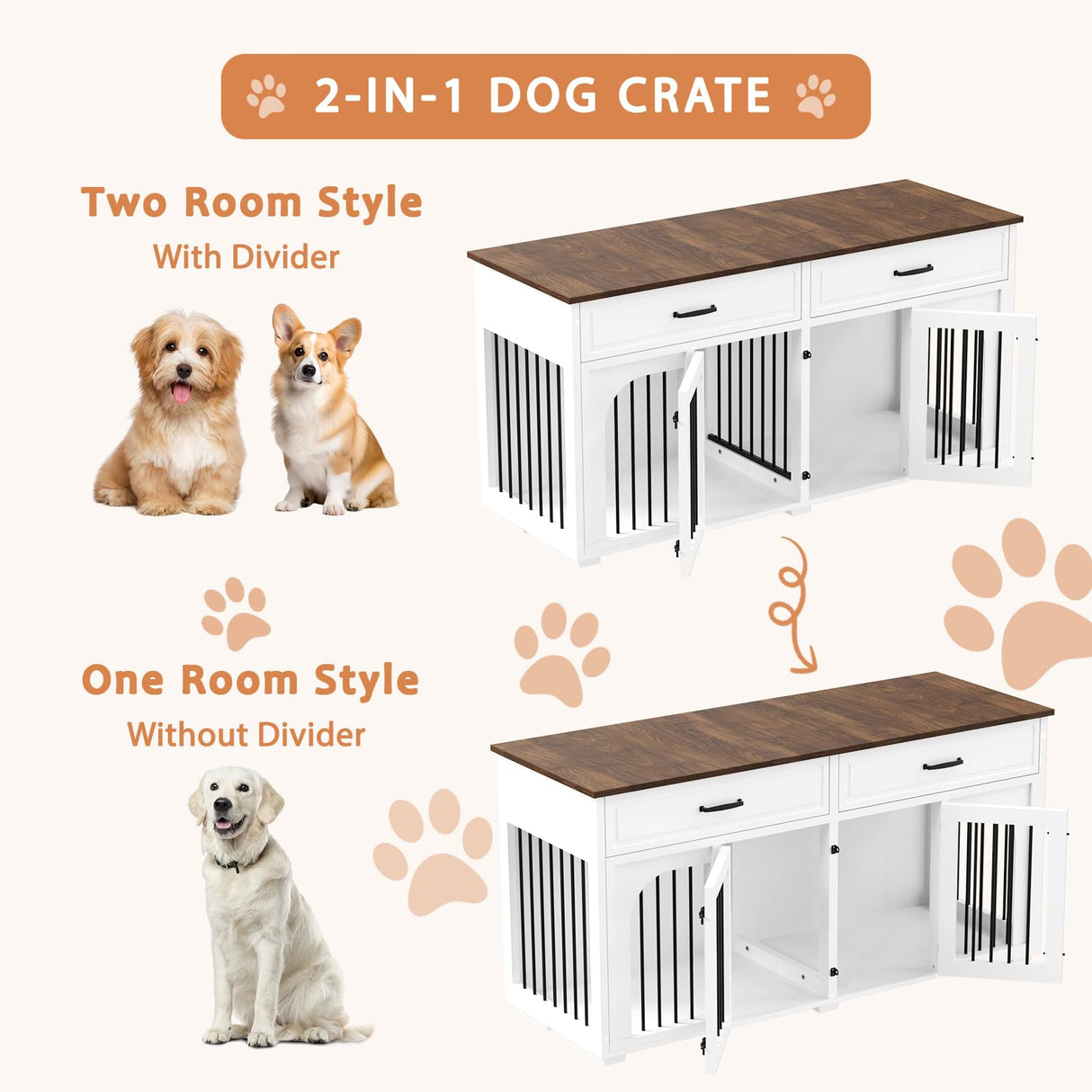EBE Dog Crate Furniture, 63''Wooden Dog Crate with 2 Drawers and Removable Divider, Dog Kennel Indoor Furniture with Double Rooms, Heavy Duty Dog Crate Table Indoor TV Stand for Small Medium Dogs EBE