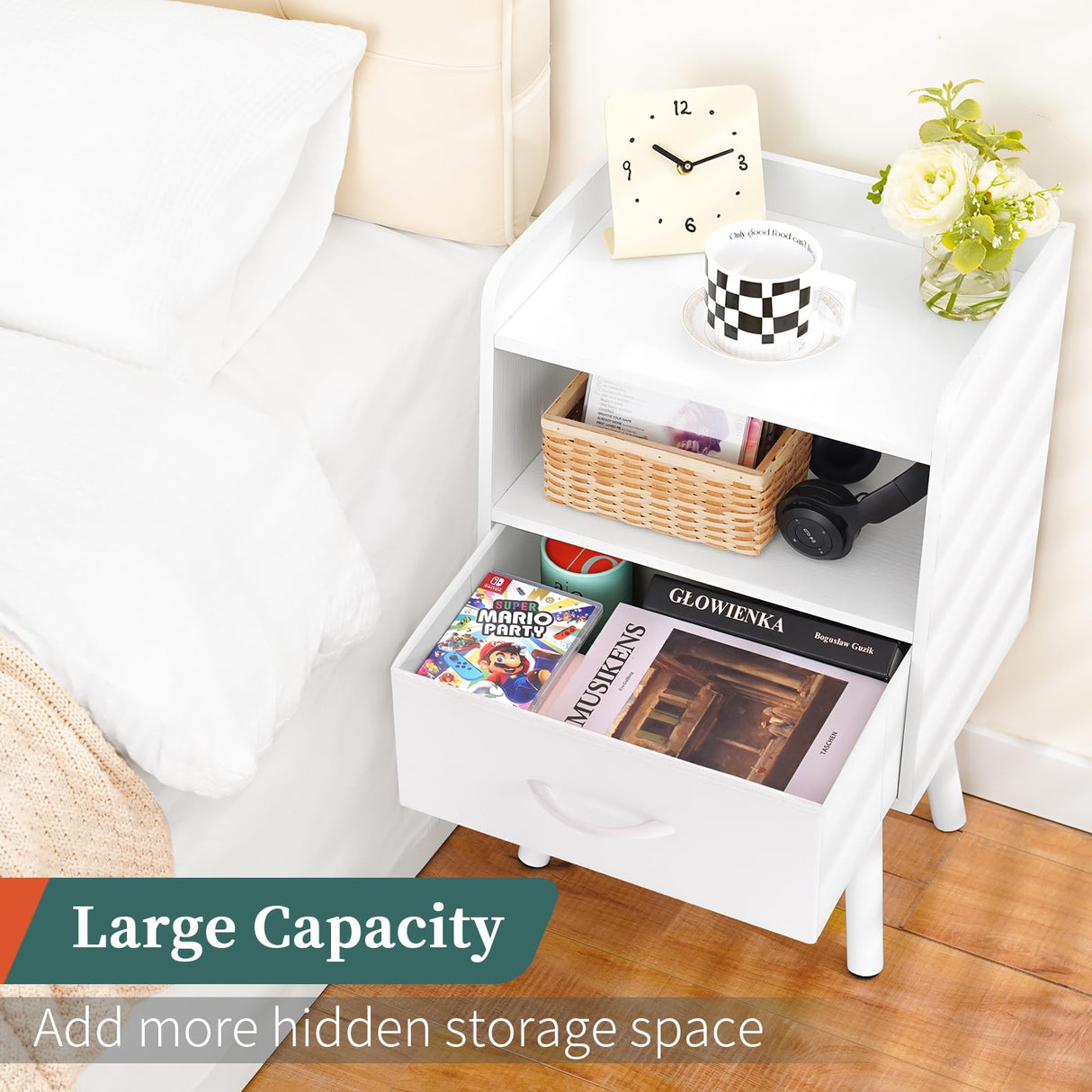 Yoobure Night Stand with Drawer, Modern Nightstand, Bedside Tables, Mid Century Nightstands with Open Storage Shelf, Wood Bedside Table, Small Night Stands for Bedrooms, 2-Tier Night Table Yoobure