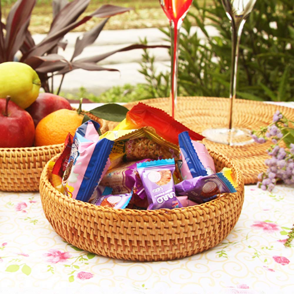 amololo Hadewoven Round Rattan Fruit Basket Wicker Food Tray Weaving Storage Holder Dinning Room Bowl, 7”Decorative Natural Basket Woven Fruit Basket Bowl for Entryway Table, Countertop (Small 7”) amololo