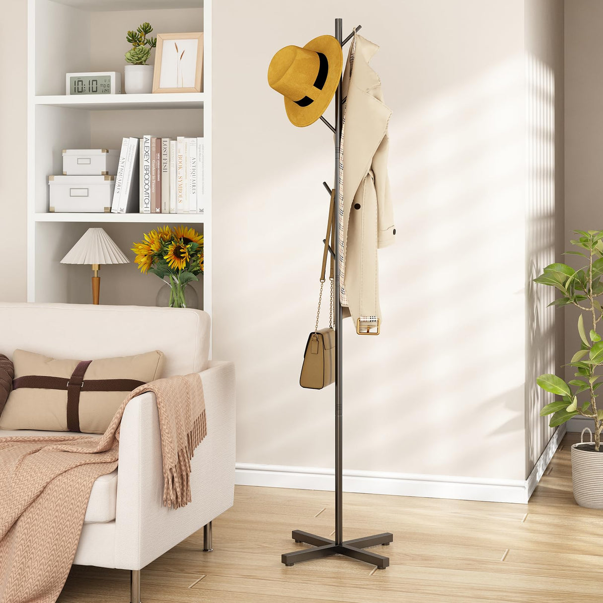 Wisdom Star Metal Coat Rack Freestanding, Hall Tree Coat Rack Stand, Heavy Duty Clothes Rack, Corner Hanging Clothes Rack for Jacket, Hats, Bags, Entryway, Living Room, Bedroom, Home Office, Black Wisdom Star