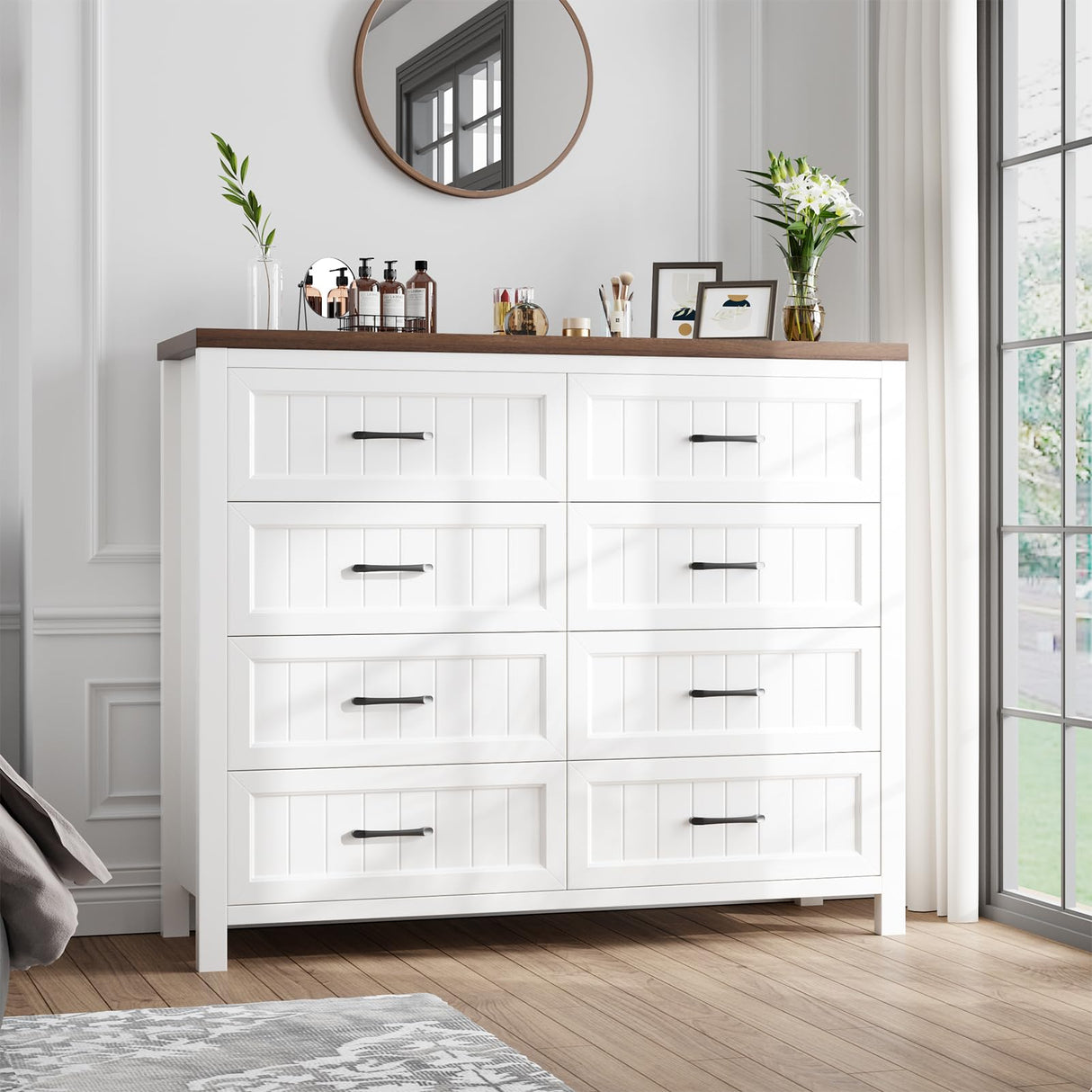 Jocoevol Farmhouse Dresser 8 Drawer Dresser for Bedroom, Large Wooden Dressers Double Grey Dresser with Deep Drawers Dressers for Hallway, Entryway (White and Brown) Jocoevol