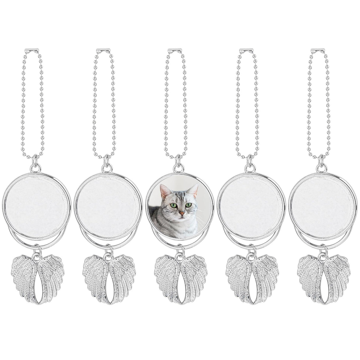 Framendino, 5 Pack Silver Angel Wings Car Hanging Ornament Personalized Car Mirror Hanging Accessories Blank Heat Transfer Photo Frame Keychain for DIY Crafting Framendino