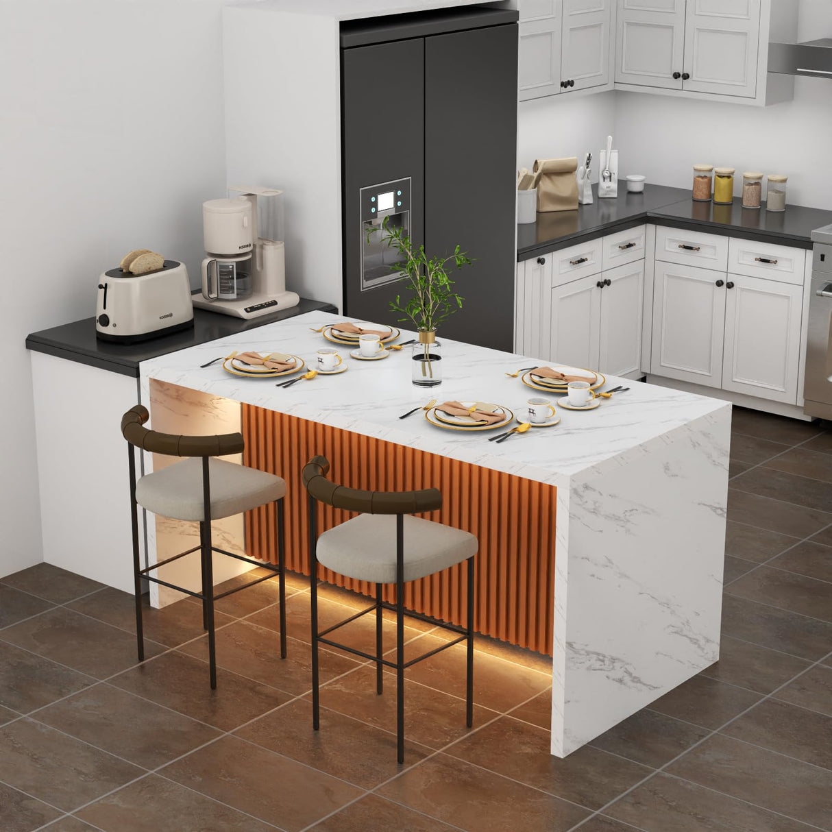 63" Large Imitation Marble Dining Table for 4-6 People, Island Table with LED Lights, Mordern Marble Stripes Kitchen Dining Table with Grille design for Dining Room, Home, Office, Living Room๏ผWhite๏ผ Gyfimoie