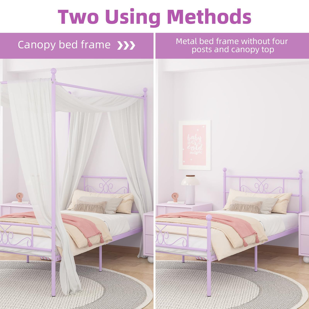 Weehom Twin Canopy Bed Frame with Headboard and Footboard, 4 Posters Metal Bed Frame, No Box Spring Needed, Mattress Foundation Platform Bed for Kids and Adults, Purple Weehom