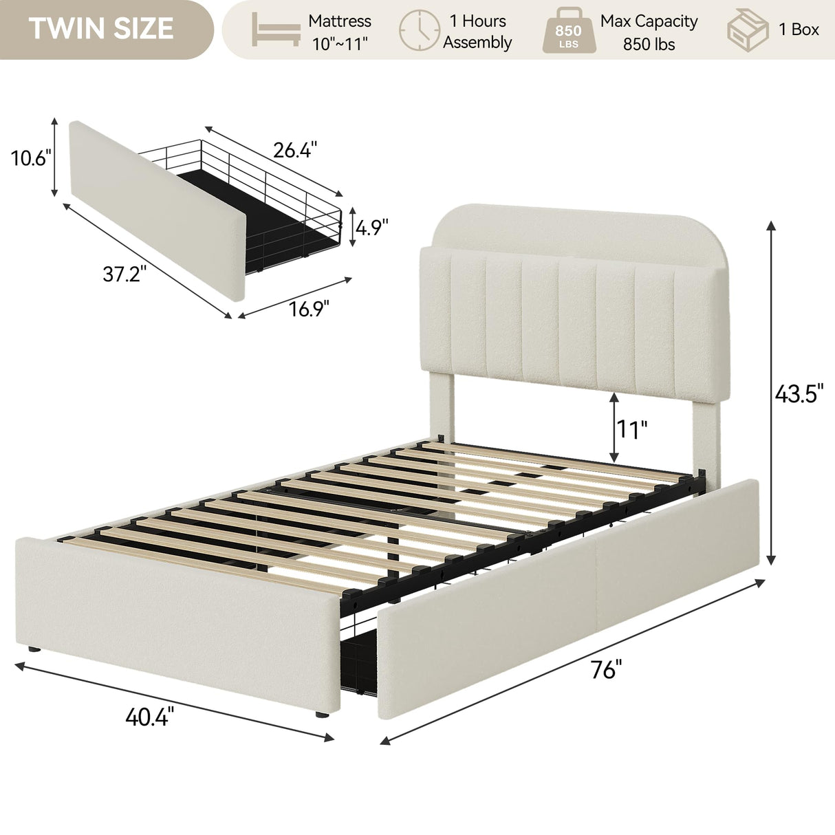 GarveeHome Twin Bed Frame with Storage Headboard, Kids Bed Frame with 2 Drawers, Boucle Upholstered Platform Bed with Bookcase, No Box Spring Needed, Easy Assembly, Ivory White GarveeHome