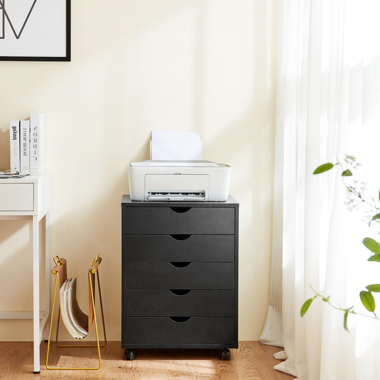 Sweetcrispy 5 Drawer Chest Mobile Storage Cabinets Small Wooden Dresser with Wheels Room Organization Furniture for Office Home, Black Wood Sweetcrispy