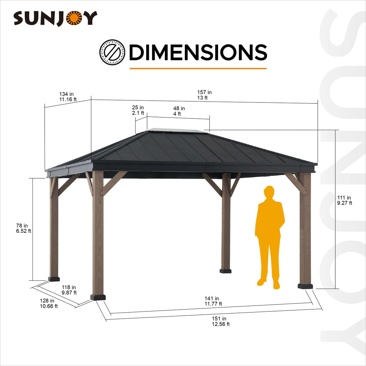 Sunjoy 11 x 13 ft. Hardtop Gazebo Outdoor Black Steel Gazebo with Skylight for Patio, Garden and Backyard Activities, Black Sunjoy