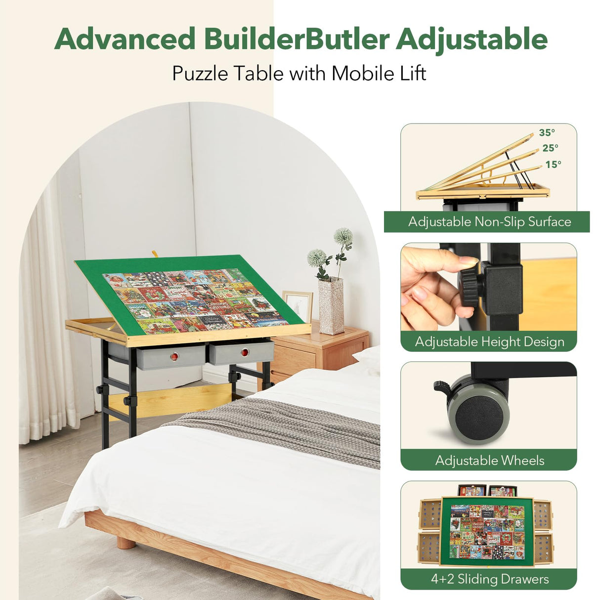 BuilderButler Adjustable Puzzle Table with 4+2 Drawers, Non-Slip Surface Puzzle Board, Tilting & Height Adjustment, 360° Wheels, and Protective Cover for Puzzle Enthusiasts BuilderButler