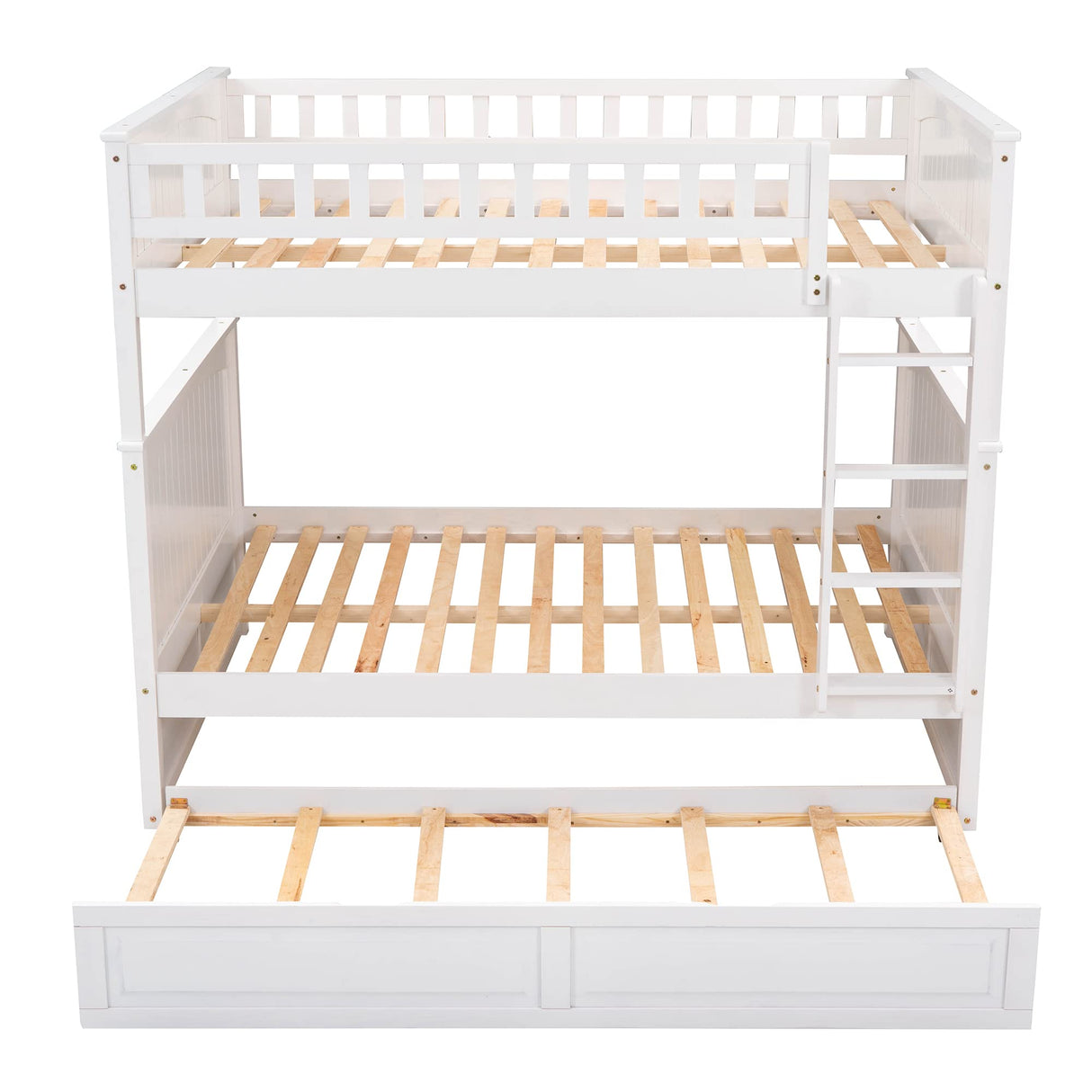 Ball & Cast Full Over Full Bunk Bed with Twin-Size Trundle,Pine Wood Bunkbed w/Stairway and Full-Length Guardrails,Into 2 Individual Beds,Slat Support,Bedframe Furniture for Student Dorms,White Ball & Cast