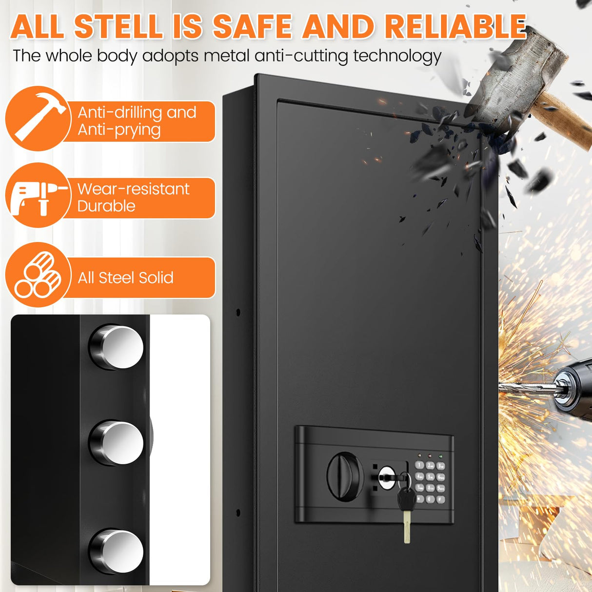 47.3" Tall Fireproof Wall Safes Between the Studs 16" Centers, Large Hidden Flush Wall Safe with 4 Removable Shelf & 6 Key Hooks, 48LB Heavy Duty Gun Safes for Home Rifle and Pistols, Money, Jewelry Nebakne