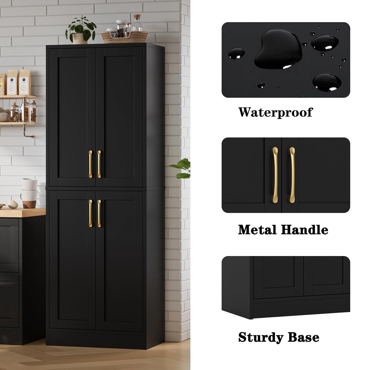 Homzbesy Pantry - Kitchen Pantry Cabinet with 4 Doors and Adjustable Shelves, Tall Black Cabinet Freestanding Storage Cupboard for Dining Room Living Room, Laundry, Bathroom Homzbesy