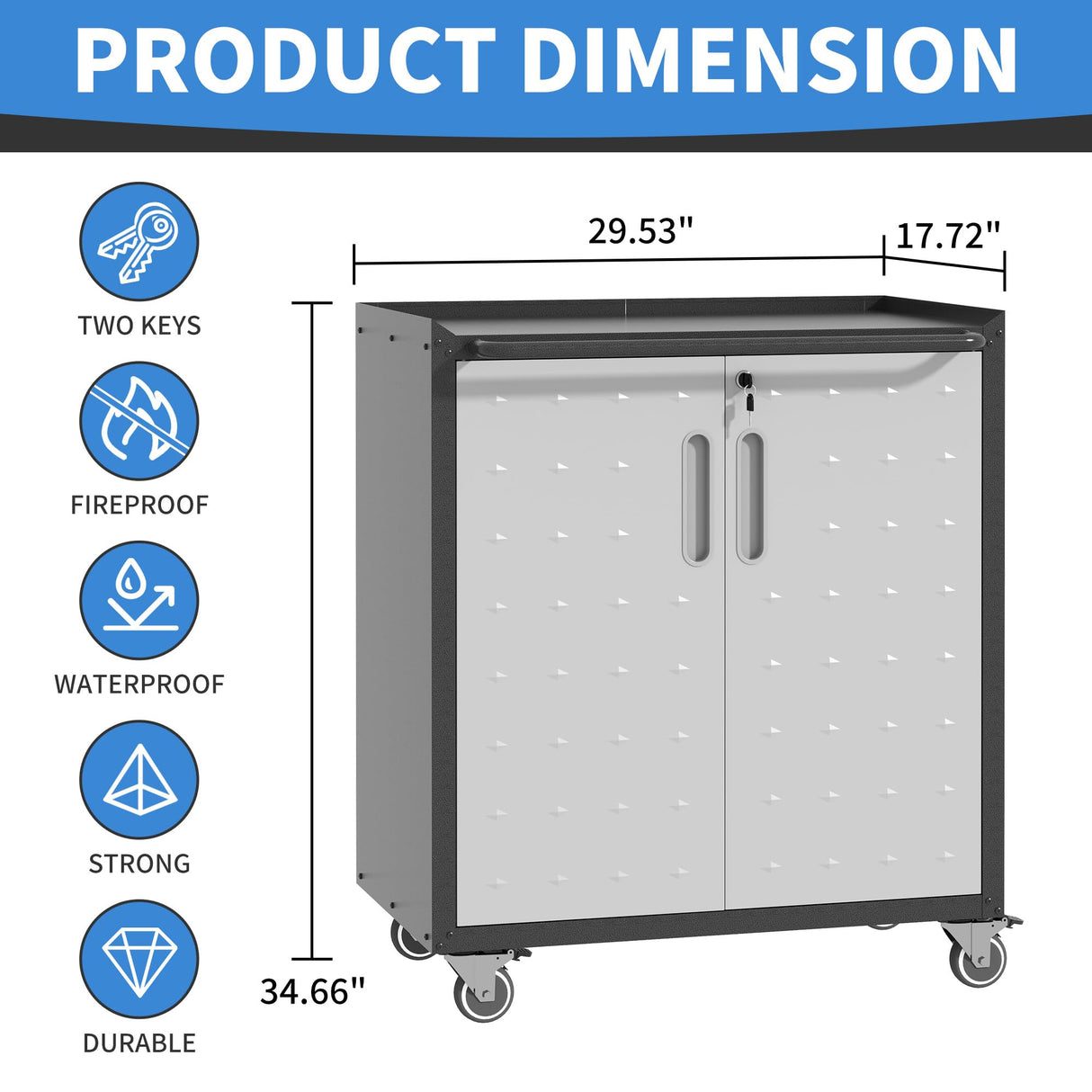 BIZOEIRON Metal Storage Cabinet with Wheels, Rolling Tool Cabinet with Adjustable Shelve, Locking Garage Storage Cabinet with 2 Doors for Tools, Assembly Required (Black/Grey) BIZOEIRON