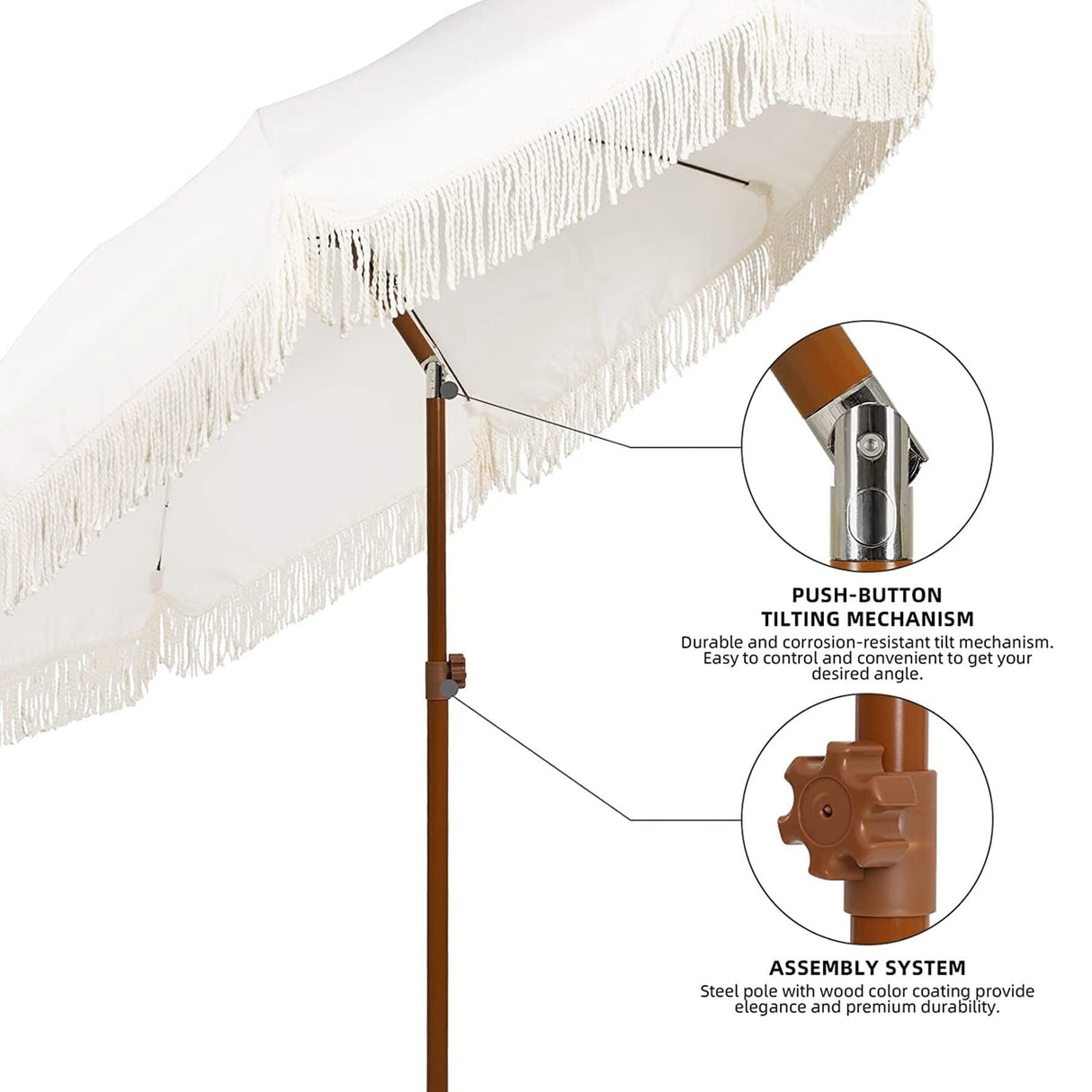 AMMSUN 7ft Patio Umbrella with Fringe Outdoor Tassel Umbrella UPF50+ Premium Steel Pole and Ribs Push Button Tilt, White Cream AMMSUN