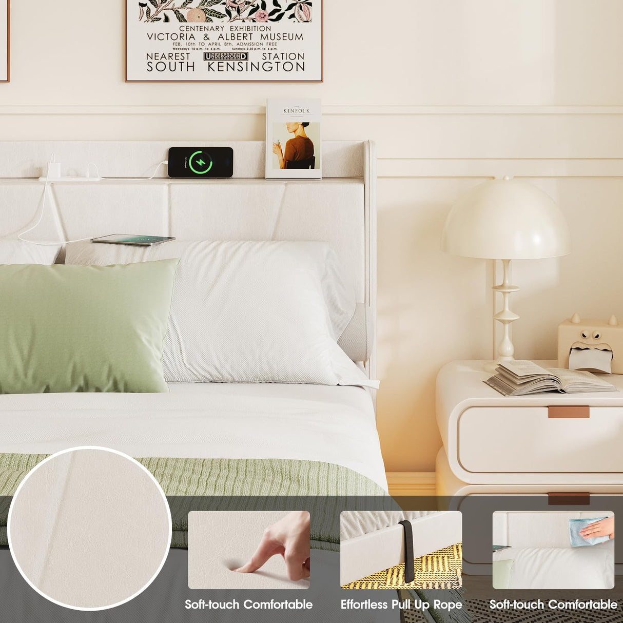 Halitaa King Size Floating Bed Frame with LED Lights, Lift-Up Storage, and Charging Station in White PU Leather Halitaa