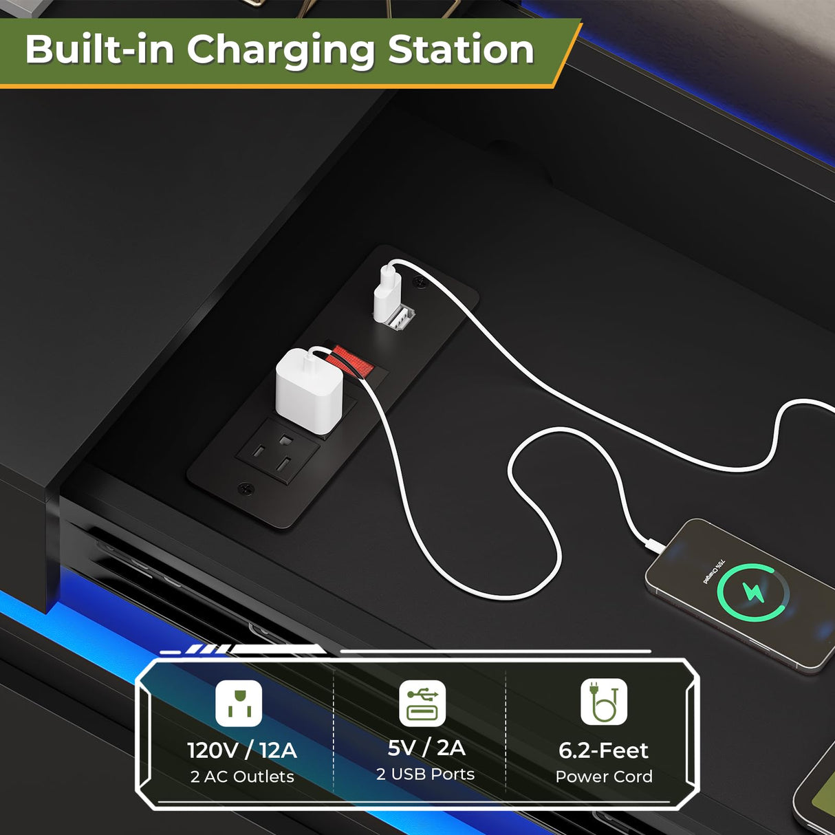 DICTAC Modern 6 Drawer Dresser with Sliding Desktop, Wide Chest of Drawers with Charging Station & LED Lights, Large Storage Tower Clothes Organizer, Black Dresser for Bedroom DICTAC