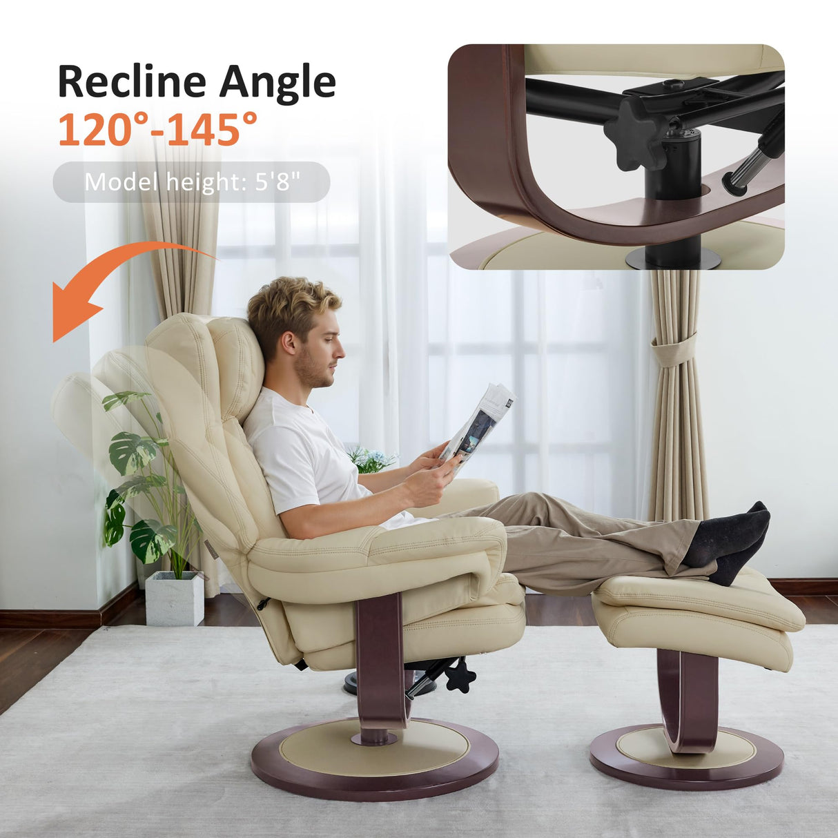 MCombo Oversized Swivel Recliner Chair with Ottoman, Adjustable Backrest, 360° Wood Base, High Seat, Faux Leather Lounge Chair for Tall Users in Living Room Office 4651 (Cream White) MCombo