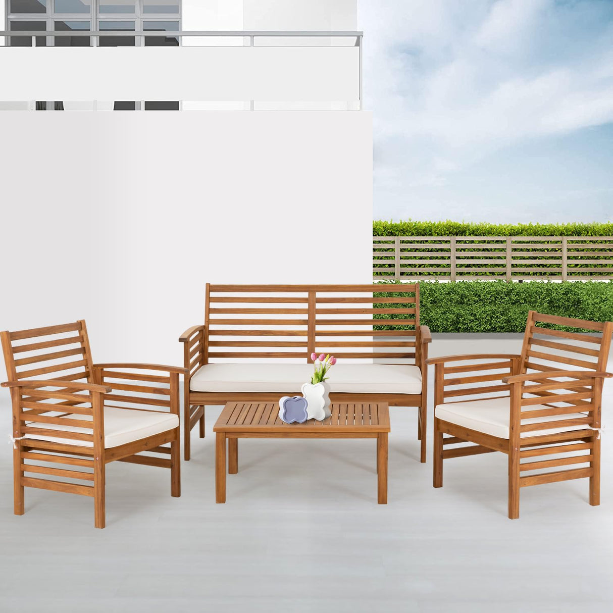 Outdoor Wood Sofa Set Patio Conversation Sets Acacia Patio Sofas Set with Thick and Soft Cushions Easy to Assemble Patio Furniture Set Natural Acacia Wood Compact and Sturdy Design Furniture Set PayLessHere
