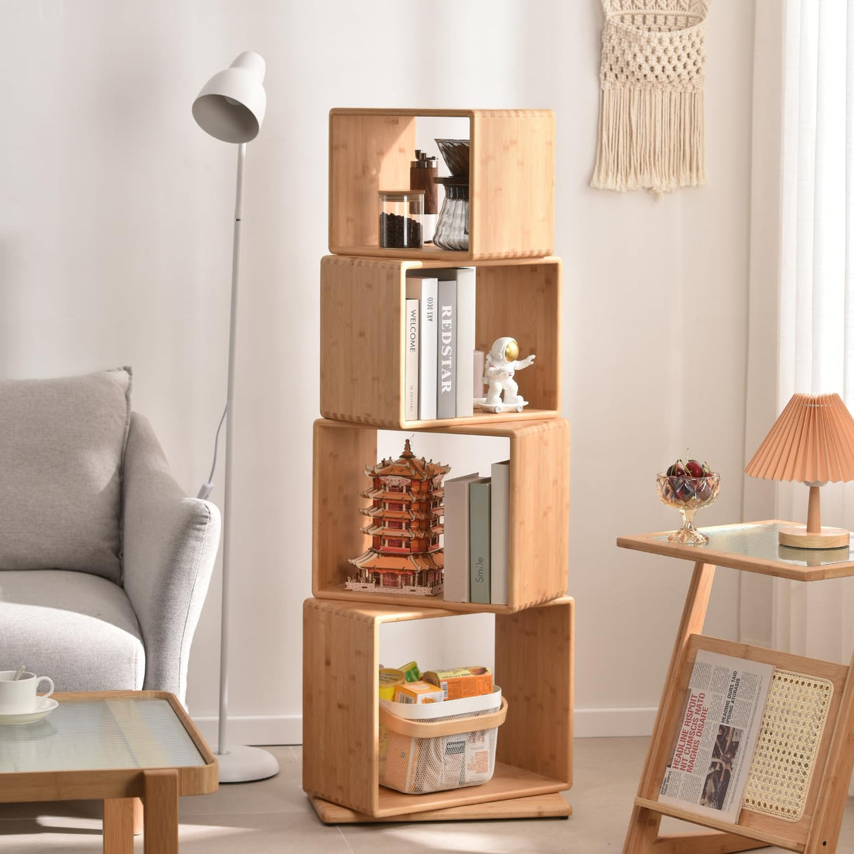 4-Tier Modern Rotating Bamboo Bookcase, DIY Free-Standing Bookshelf Large Capacity Creative Open Book Cabinet, 2 in 1 Nightstand Storage Organizer Lattice Shelf for Home, Office, Living Room, 4-Cube briteman