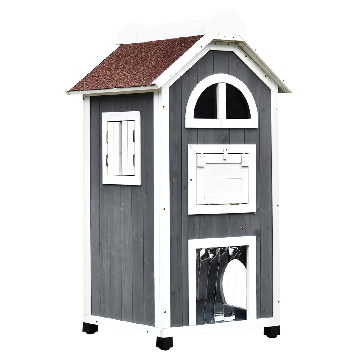 PawHut 43" H Wooden Cat House Outdoor with Hammock, Weatherproof 3-Floor Feral Cat Shelter with Escape Doors, Asphalt Roof, Inside Ladders, Gray PawHut