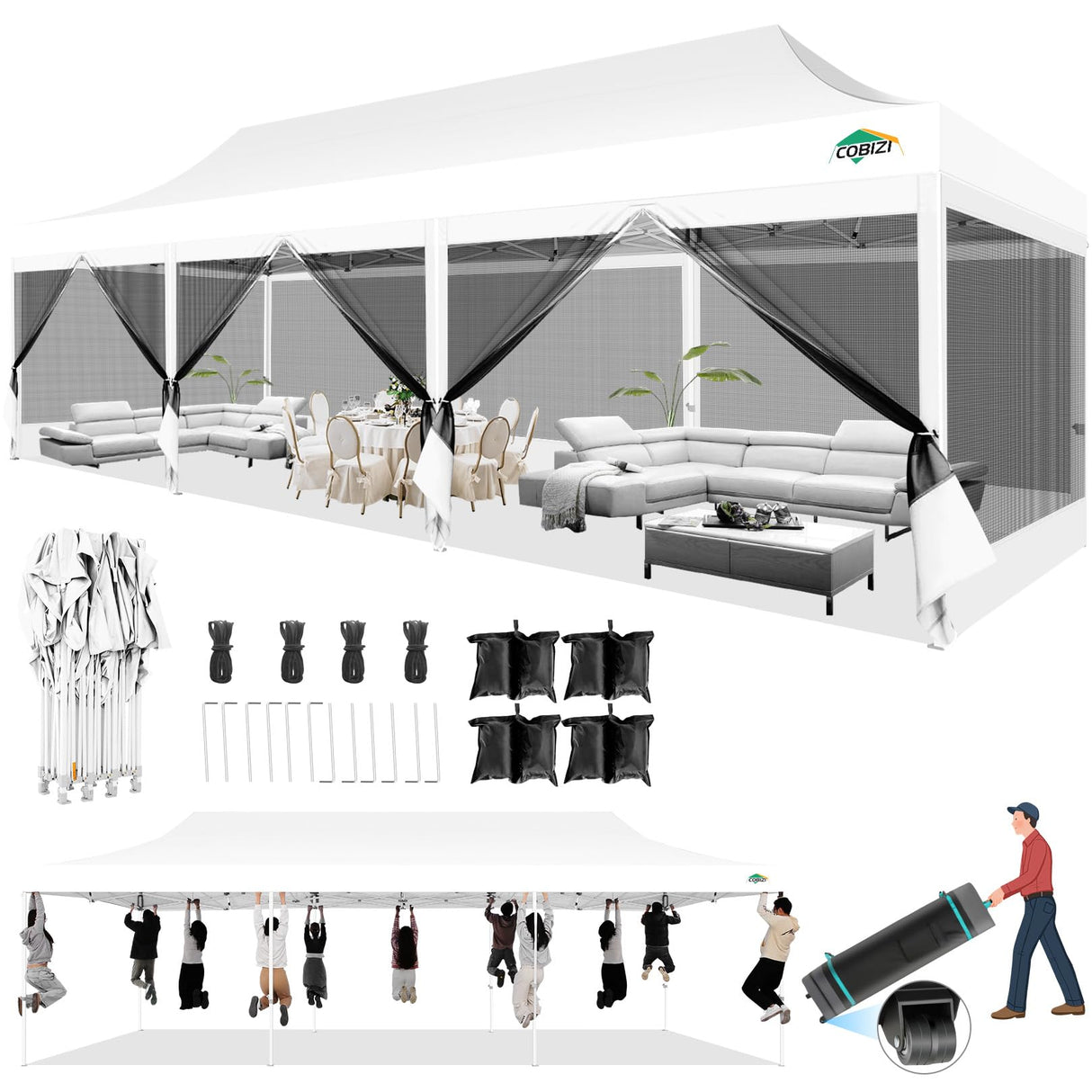 COBIZI 10x30 Pop up Canopy Tent with Sidewalls, Heavy Duty Easy Set up Outdoor Canopy with Mosquito Net Pop up Screen Tent for Parties, Screened in Canopy with Net for Backyard with Roller Bag, White COBIZI