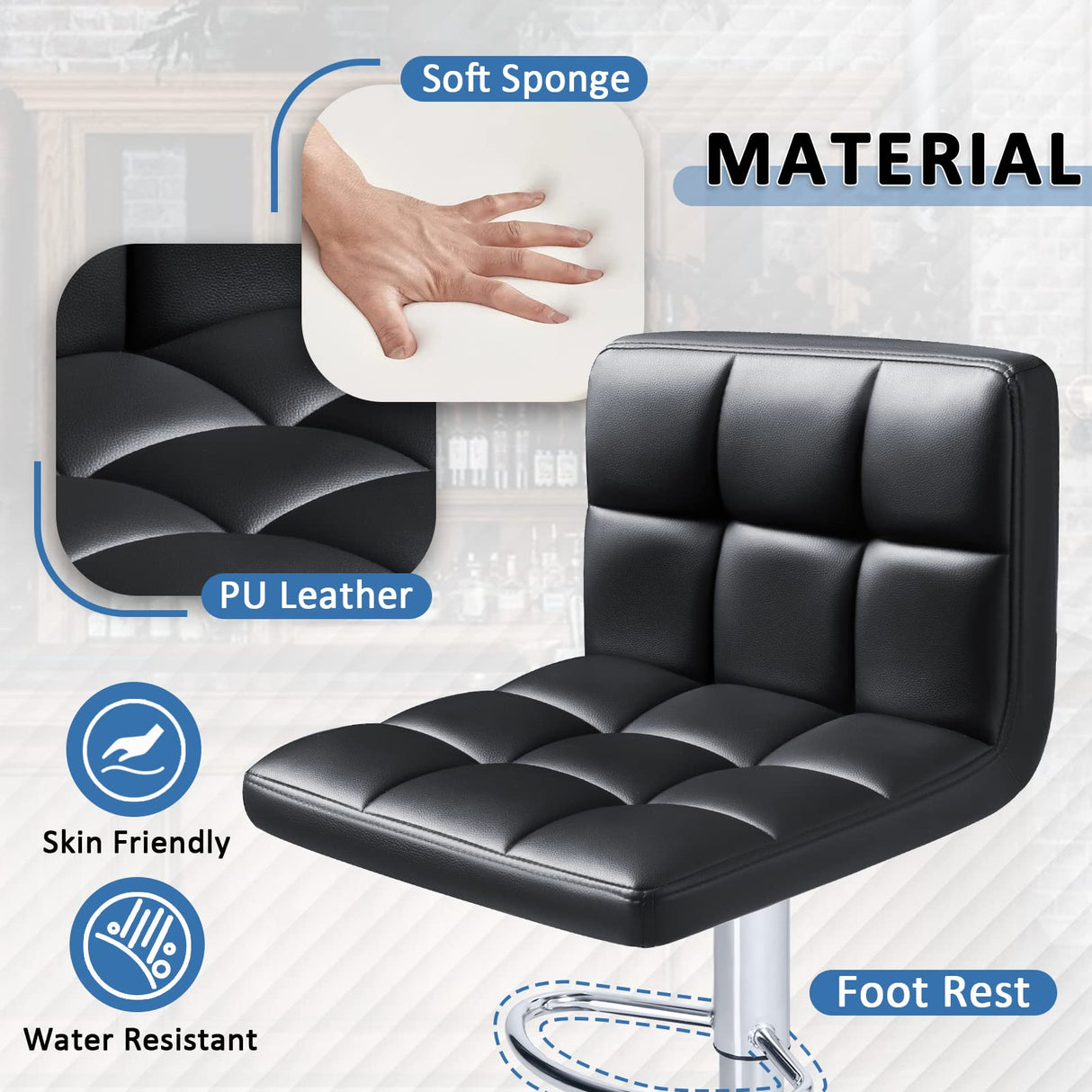 Homall Bar Stools Modern PU Leather Adjustable Swivel Barstools, Armless Hydraulic Kitchen Counter Bar Stool Extra Height Square Island Barstool with Back Set of 2 (Leather, Black) Homall