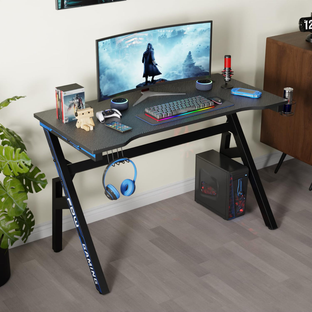 PayLessHere 47 Inch Gaming Desk PC Carbon Fiber Table Ultimate Gamer Workstation with Cup Holder & Headphone Hook for Home Office,Blue (Blue) PayLessHere