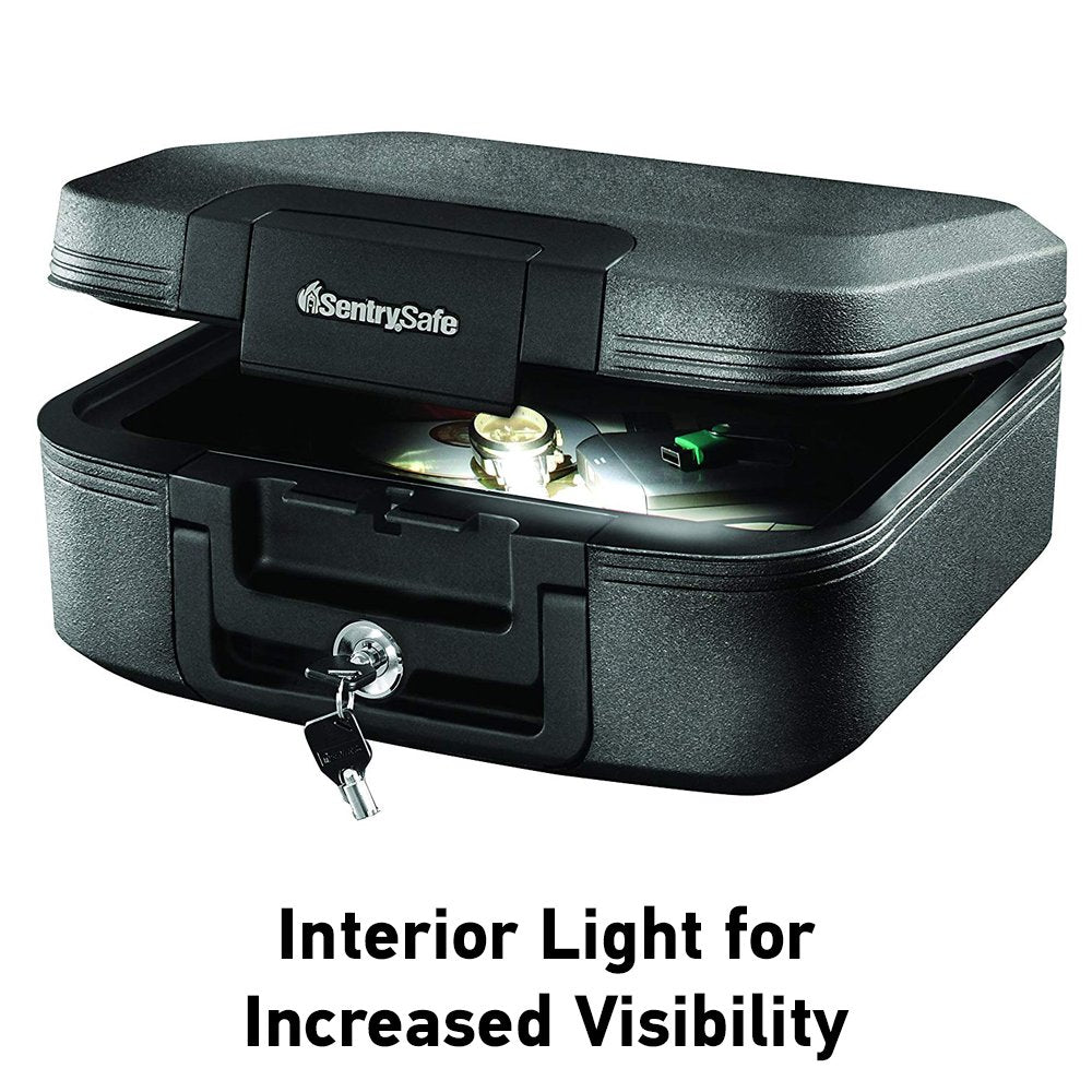 SentrySafe Fireproof and Waterproof Chest Box with Key Lock, Black Travel Safe with Interior Lighting and Carrying Handle, 0.28 Cubic Feet, 6.6 x 15.4 x 14.3 Inches, CHW20205 SentrySafe