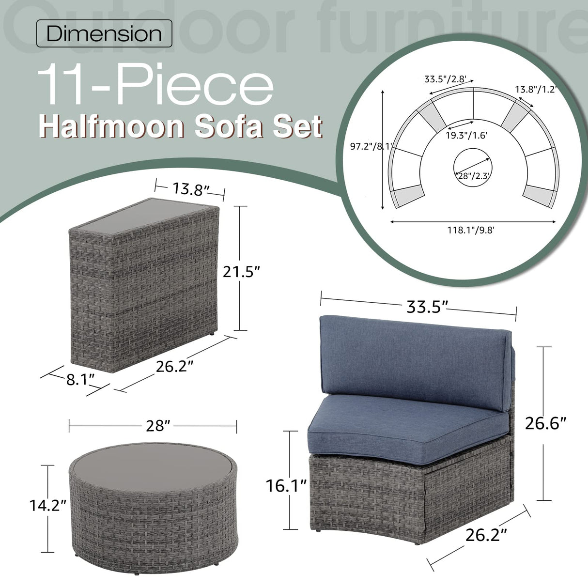 SUNSITT Outdoor Patio Furniture 11-Piece Half-Moon Sectional Round Patio Furniture Set Curved Outdoor Sofa with Tempered Glass Round Coffee Table, 4 Pillows, Grey Rattan & Denim Blue Cushion SUNSITT