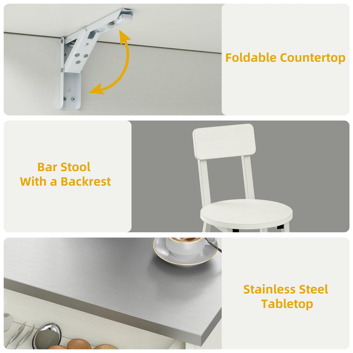 DWVO Kitchen Island with Seating, Mobile Kitchen Storage Island with Drop Leaf Countertop, Large Kitchen Island Table with Drawers, Cabinets, Bar Stools, Towel Rack and Spice Rack, White DWVO