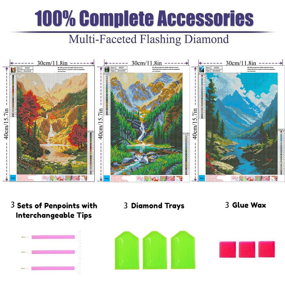 OFRKE Diamond Painting Kits for Adults,3 Pack Mountains Waterfall Diamond Art for Beginners, Diamond Round 5D Full Drill Paint with Diamonds Pictures Gem Art Painting Kits DIY Crafts Kits 12x16inch OFRKE