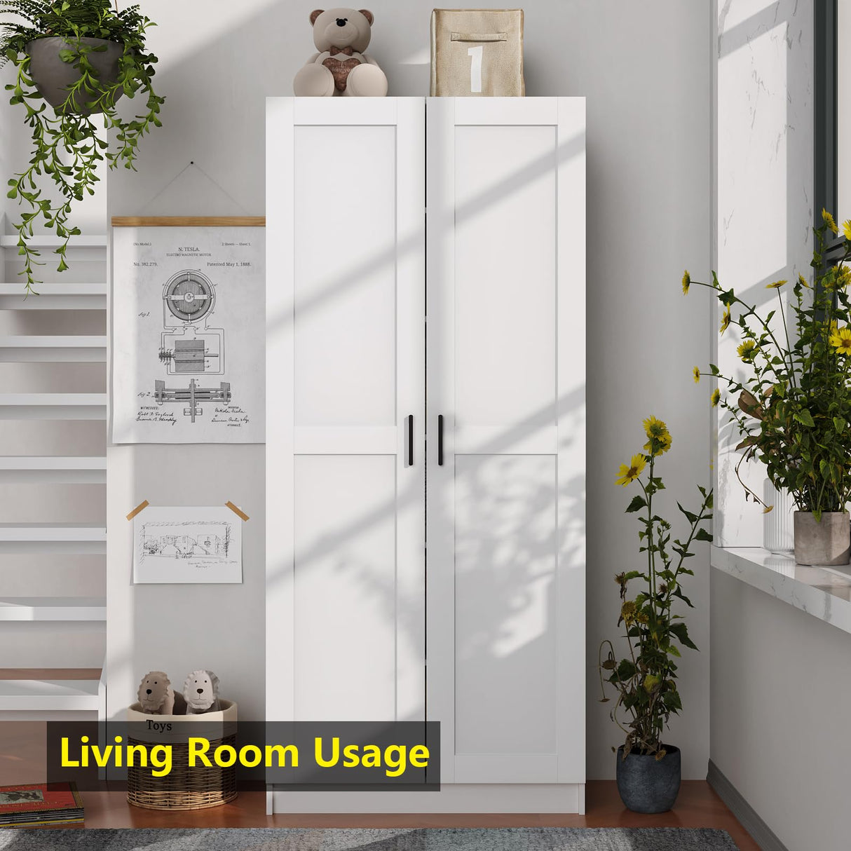White Tall Kitchen Pantry Cabinet Organizers and Storage with Doors and Adjustable Shelves,Wood Large Gabinetes Para Cocina Office Bookshelf for Laundry Room Cabinets (31.5”W*15.7”D*71”H) Fenghua Lizhi
