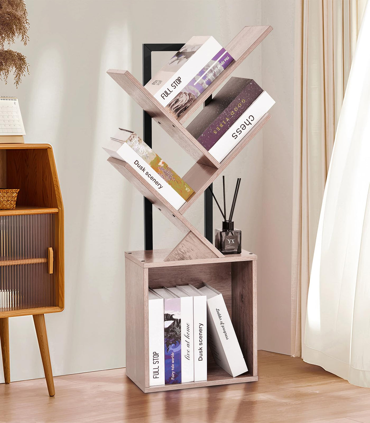 YSVCO 4 Tier Book Tree Bookshelf, Wooden Small Book Shelf with Storage Cabinet, Modern Freestanding Bookcase, Floor Standing Display Organizer for Small Spaces, Living Rooms, Home Offices, Gray BS34GB YSVCO