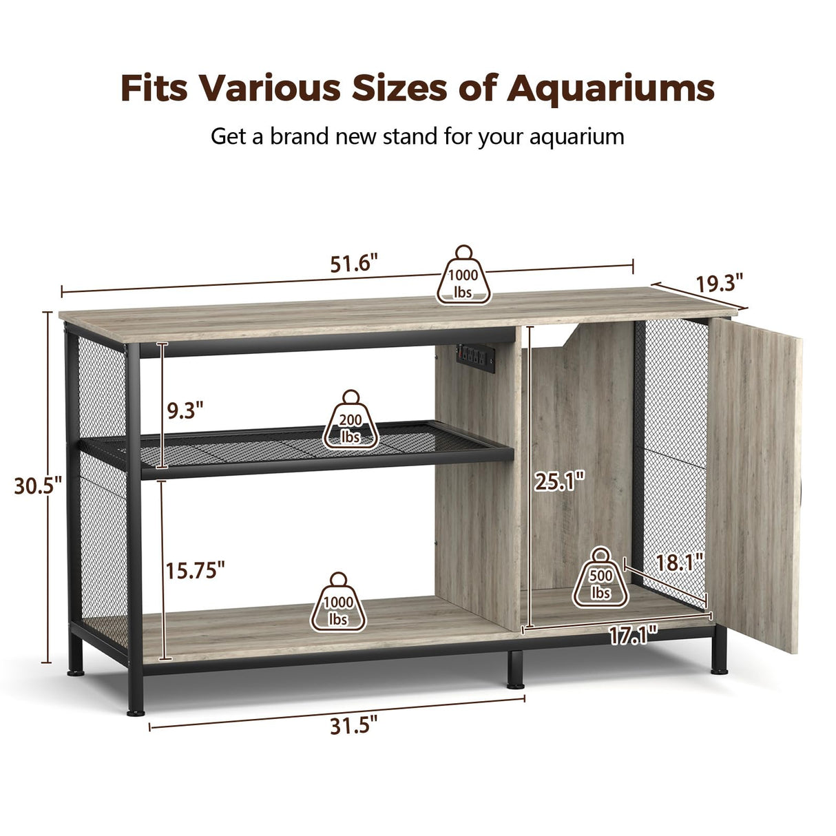 Tatub 55-90 Gallon Fish Tank Stand Large Aquarium Stand with Accessories Storage Cabinet, Heavy Duty Metal Fish Tank Cabinet Suitable for Turtle Tank, Reptile Terrarium, 1000LBS Capacity, Wood Tatub