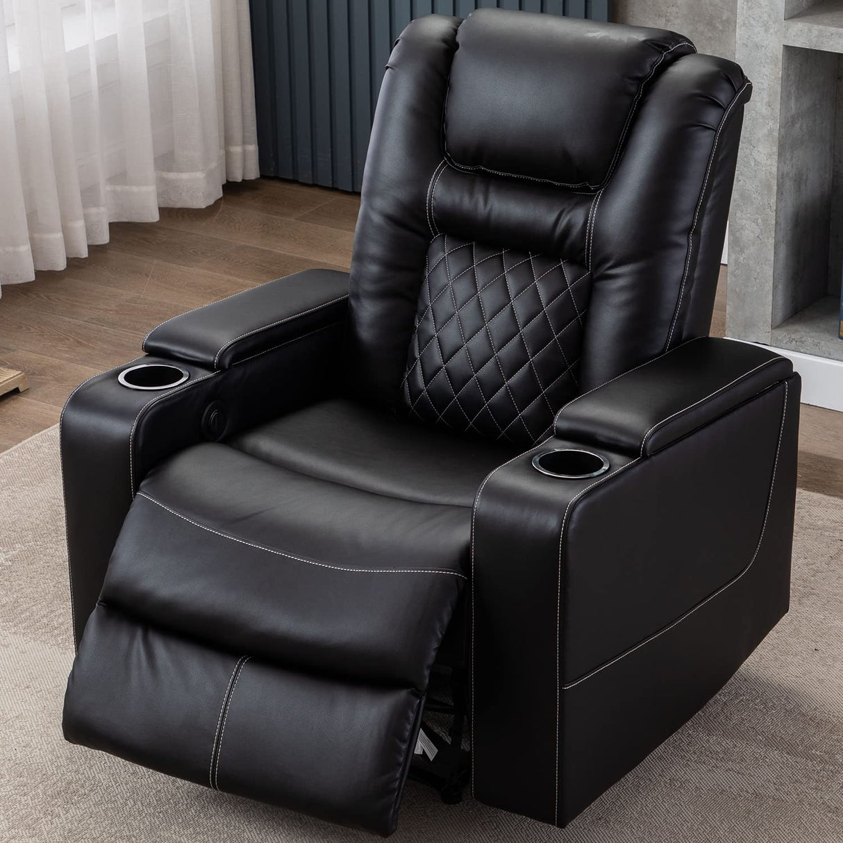 CANMOV Electric Power Recliner Chair with USB Ports and Cup Holders, Breathable Leather Home Theater Seating with Hidden Arm Storage (Black) CANMOV