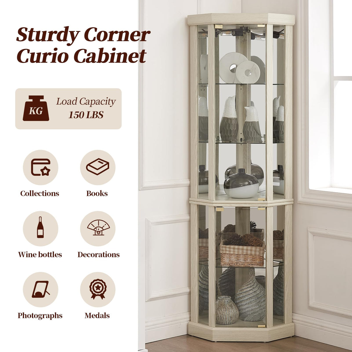 YSJZYBF Lighted Corner Curio Cabinet,Corner Display Cabinet Corner Storage Cabinet with Tempered Glass Doors Mirrored Back Panel Adjustable Shelves,16.46" L X 16.46" W X 69.84" H(Antique White) YSJZYBF