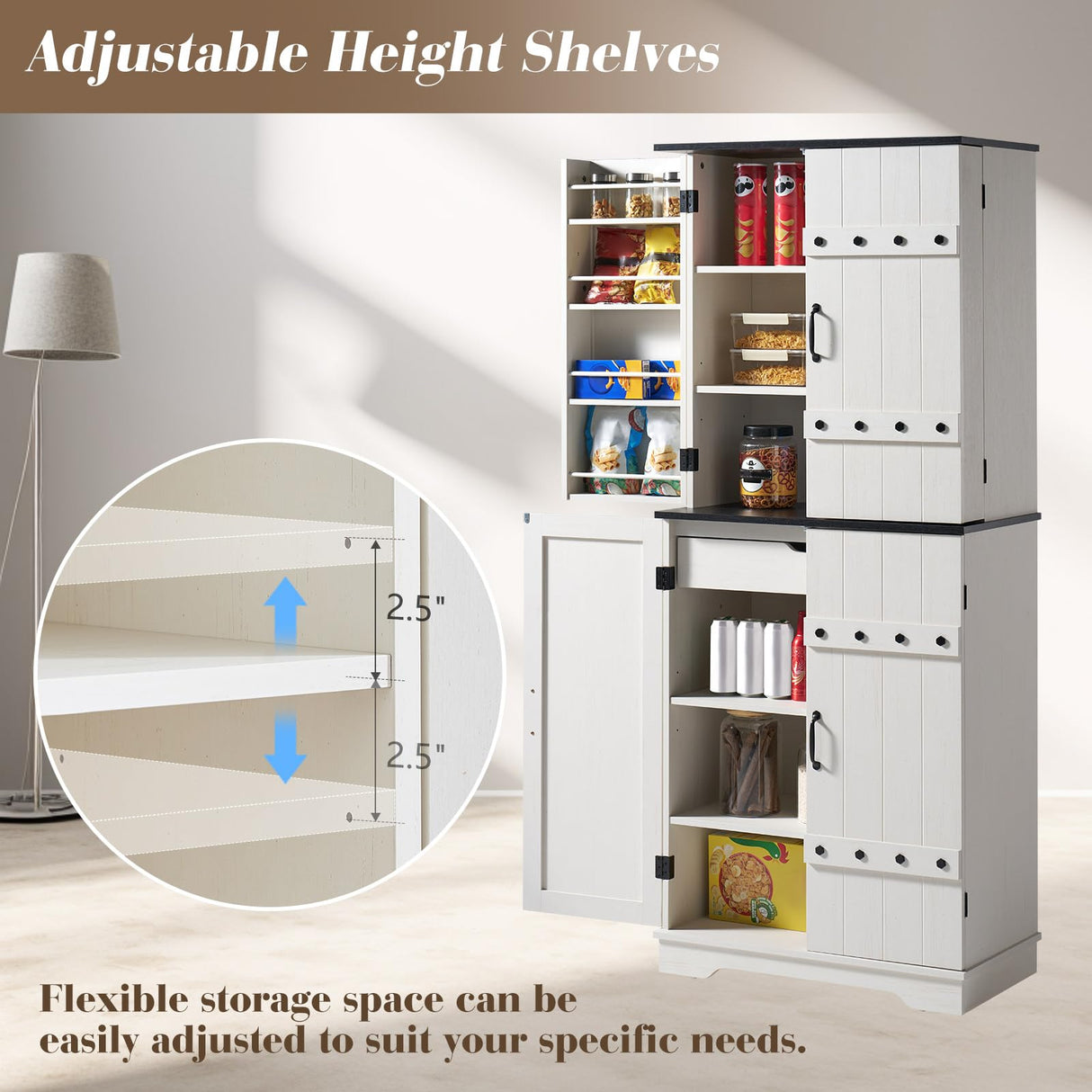 VanAcc 72" Tall Farmhouse Kitchen Pantry Cabinet with Door Organizer & Adjustable Shelves, Wooden Storage Cupboard with Drawer and Barn Doors for Kitchen, Dining Room, Living Room, Distressed White VanAcc