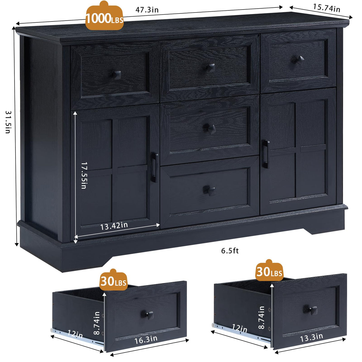 KHLJJU Farmhouse 5+2 Black Dresser for Bedroom, Chest of Drawers for Bedroom with 5 wooden Drawers and 2 Cross Doors, Wood Dressers Storage TV Stand for Bedroom, Living Room KHLJJU