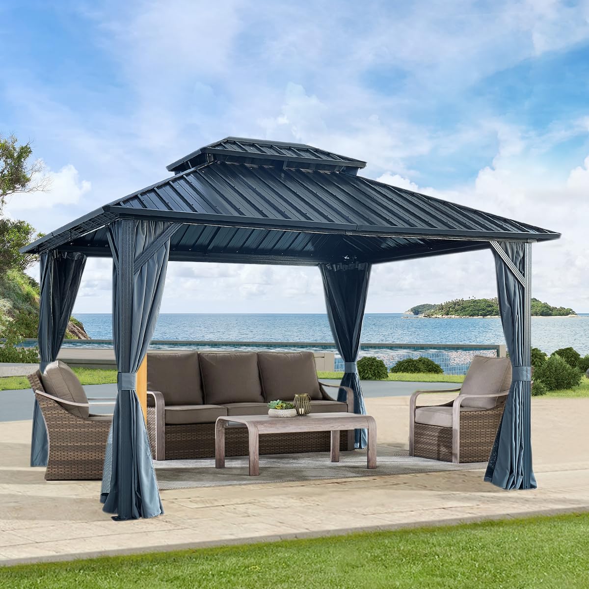 EDWINENE 12 x 12FT Outdoor Hardtop Gazebo,Heavy Duty Double Roof Gazebo,Patio Canopies & Pergolas with Nettings and Curtains,Outside Canopy Tent for Lawn,Garden,Backyard and Deck (Black) EDWINENE