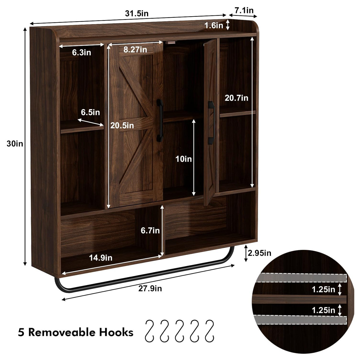 RUSTOWN Rustic Wood Wall Bathroom Cabinet, Farmhouse Medicine Cabinet Wall Mounted, Space Saving Wall Storage Cabinet with 2 Barn Door, 3-Tier Adjustable Shelves and Towel Bar(Dark Walnut) RUSTOWN