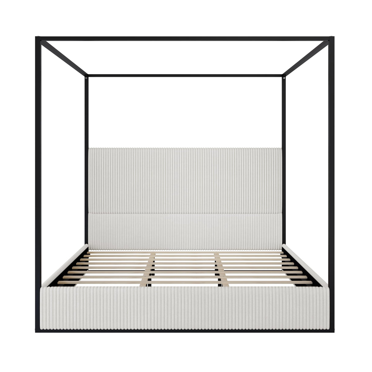 VilroCaz Modern King Size Canopy Platform Bed with Upholstery Channel Tufted Headboard, Metal 4-Poster Canopied Design Platform Bed Frame with Strong Slats Support (White+Black-King) VilroCaz