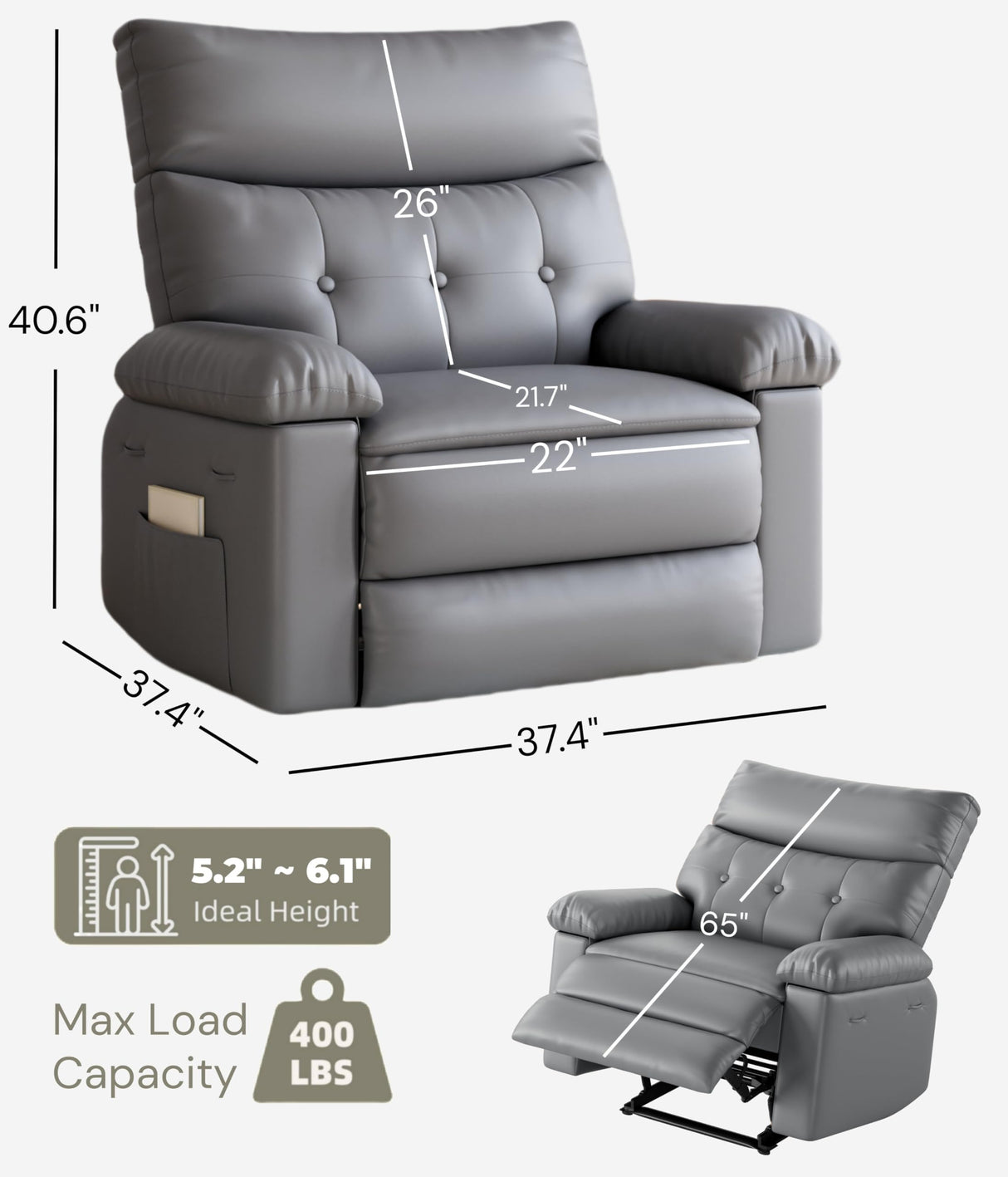 Garvee Oversized Recliner Chair - PU Leather Manual Recliner for Adults, Comfy Reclining Chair with Overstuffed Arms and Back, Side Pocket, Single Sofa for Living Room, Bedroom Garvee
