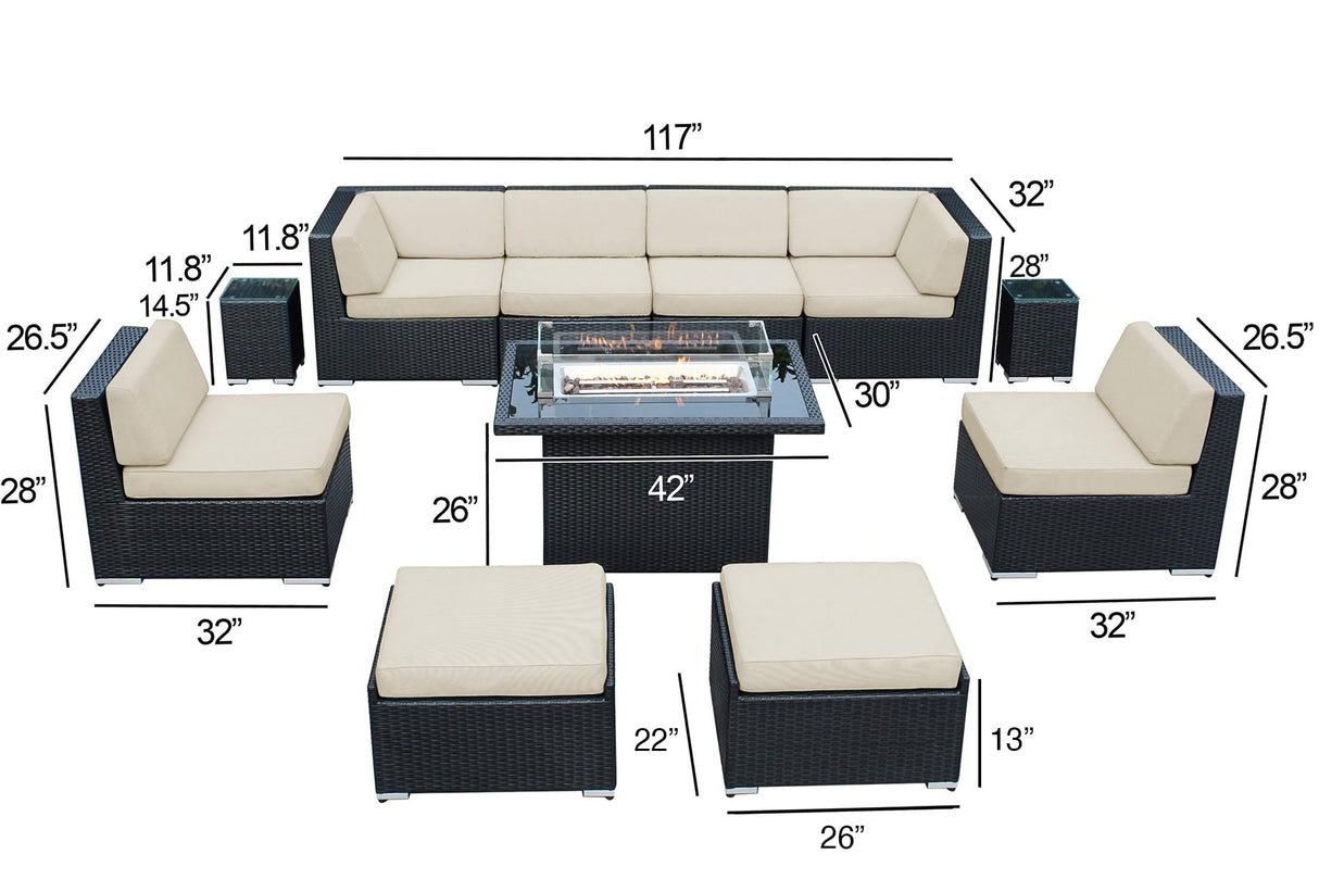 Ohana Depot 11 Piece Ohana Outdoor Patio Furniture Black Wicker Conversation Set with Fully Assembled Sectional and 42-inch Propane Gas Fire Table Ohana Depot
