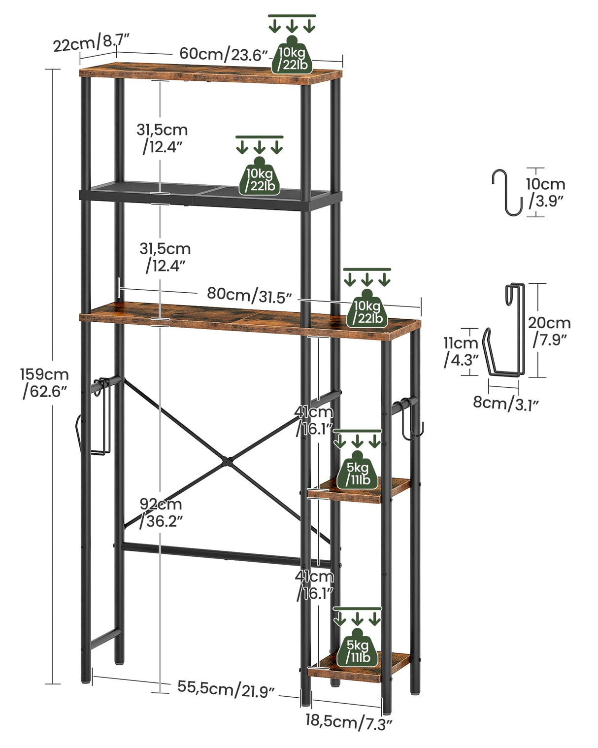 CHOEZON Over The Toilet Storage, 6-Tier Bathroom Organizer Shelf, Over-Toilet Storage Cabinet with Toilet Paper Hook, Space Saving, for Bathroom, Laundry, Entryway, Rustic Brown and Black TTS02BF CHOEZON