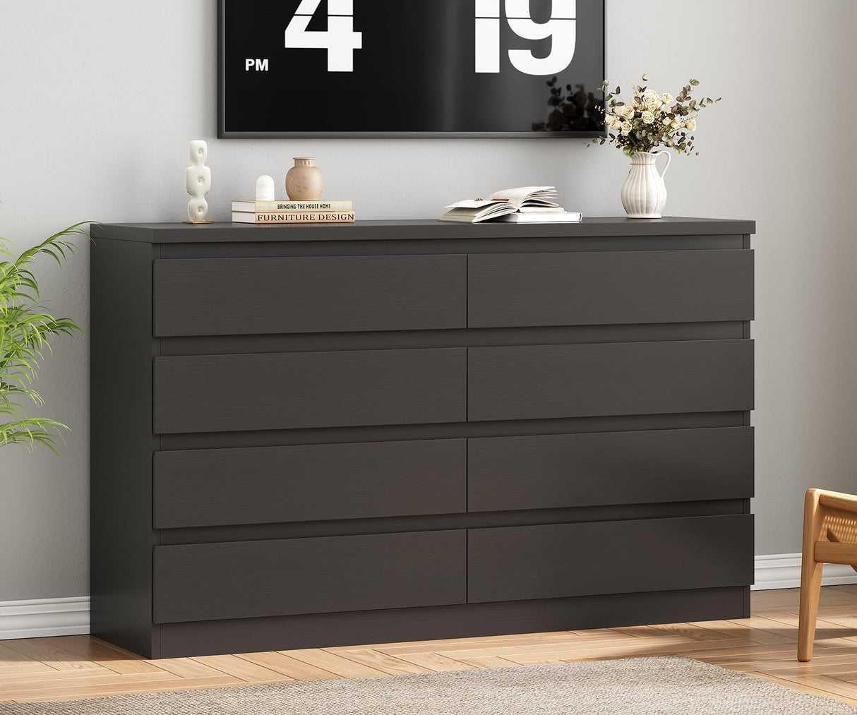 Jocoevol Modern Black 8 Drawer Dresser for Bedroom, 15.3" D x 55.2" W x 32.3" H Simply Chest of Drawers, Wood Storage Dresser with Deep Drawers for Living Room Hallway Entryway, Black Jocoevol