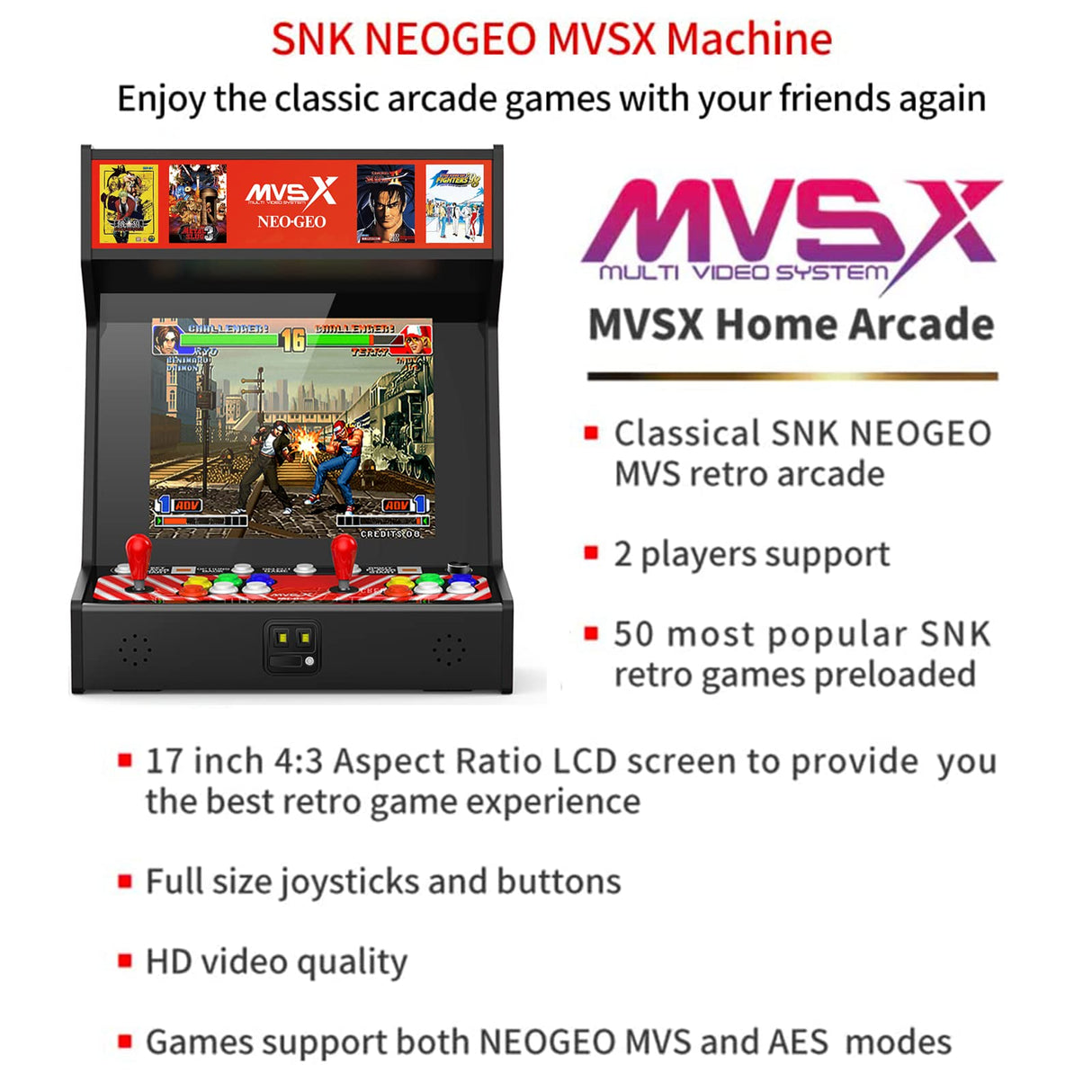 UNICO SNK NEOGEO MVSX Arcade with Base and Riser Set, Pre-loaded 50 SNK Official Genuine Retro Games, Support Two Players Fight Together by 2 Joysticks, Including The King of Fighters/Samurai/Metal Sl UNICO
